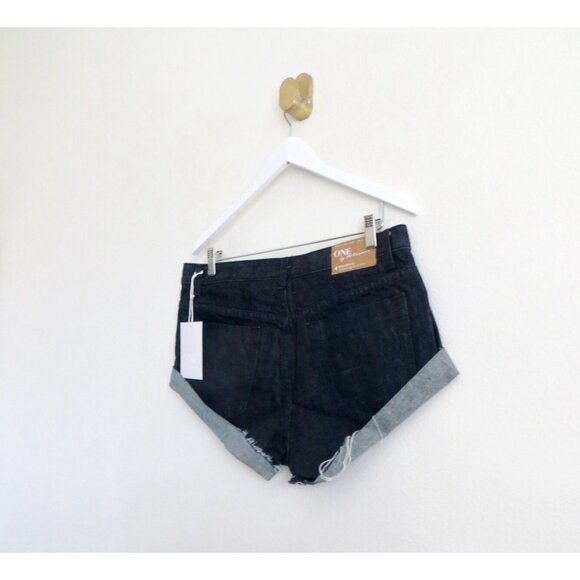 NEW! One By One Teaspoon Shorts Bandits Twisted Cuff Hem High Rise Dark Wash 30 - Picture 3 of 6